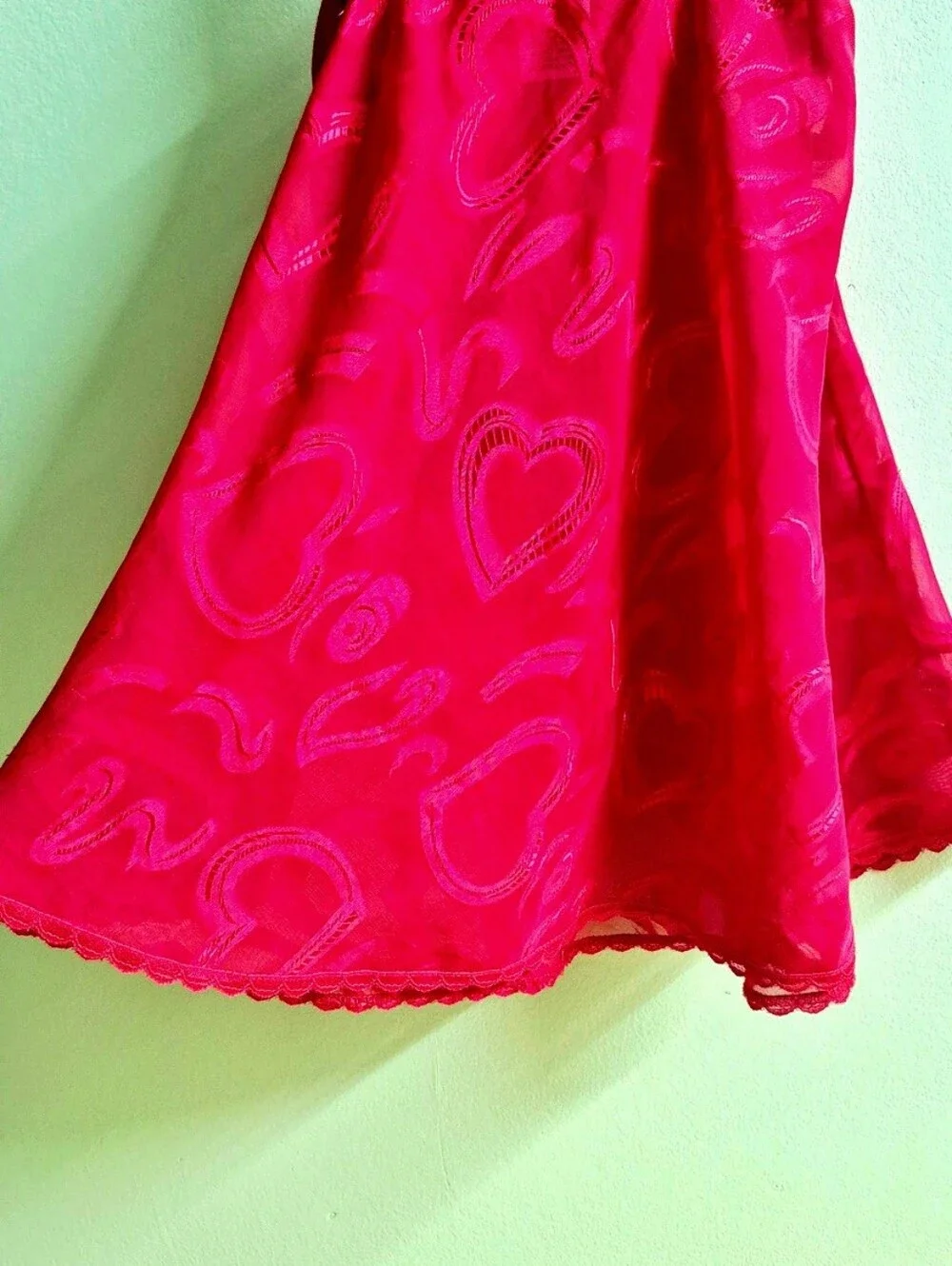 Vintage Red Heart Mesh Chemise – Lace Trim Sheer Night Slip - Picture 4 of 8